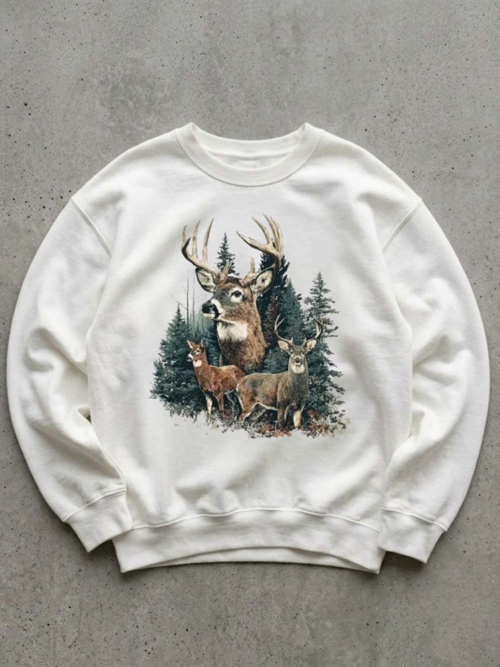 White Crewneck Sweatshirt with Deer Graphic